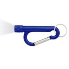 A blue carabiner keychain with an integrated flashlight on one end and a metal keyring on the other. The flashlight is turned on, emitting a beam of light.