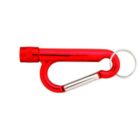 A red, tubular-shaped carabiner with an integrated bottle opener and keyring attachment. The carabiner features a silver latch on one side, creating a hook-like shape. The accessory is designed for both functional use and portability.