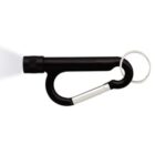 A black carabiner with an attached cylindrical flashlight on one end and a metal key ring on the other. The carabiner and flashlight are connected in a continuous design.