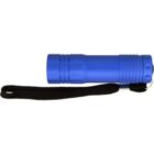 A blue flashlight with a textured grip and a power button on the side, featuring a black wrist strap attached to the base. The flashlight is positioned horizontally against a white background.