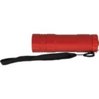 A small red flashlight with a black wrist strap attached to the end. The flashlight has a smooth body with some ribbed texture near one end.