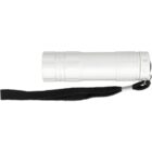 White flashlight with a textured grip and black wrist strap attached to the end.