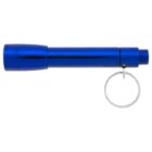 A blue metal mini flashlight with a keyring attachment on one end. Its compact design is sleek and cylindrical, suitable for carrying on a keychain.
