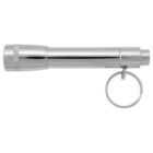 A silver metal flashlight with a smooth cylindrical body and a ridged end near the bulb. It has a metal keyring attached to its end, allowing it to be used as a keychain accessory.
