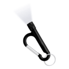 Black carabiner with a built-in flashlight at the top. The flashlight is turned on, emitting a soft white light. Attached to the carabiner is a circular metal keyring. The background is plain white.