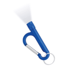 A blue carabiner keychain with an attached small flashlight, emitting light from one end, and a metal key ring at the bottom.