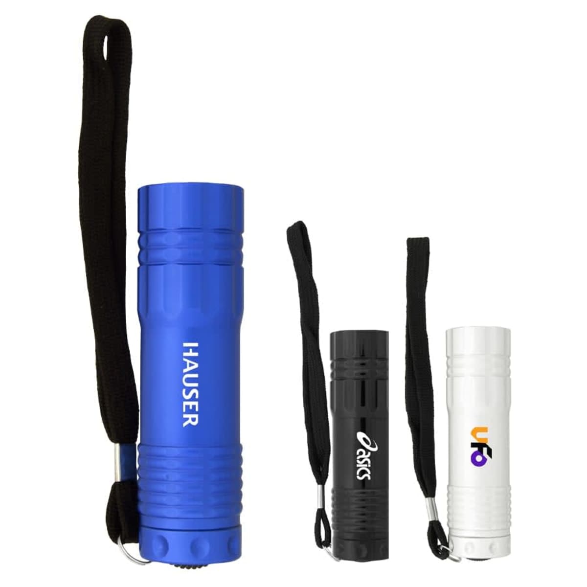 Three flashlights with wrist straps are shown. The flashlights are blue, black, and white in color, and each has a different logo printed on its body.