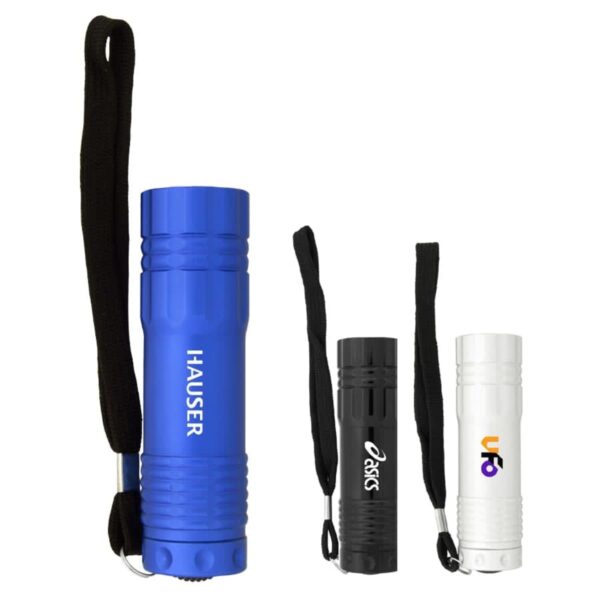 Three flashlights are standing side by side: one blue, one black, and one white. Each flashlight has a wrist strap and different brand logos: HAUSER on blue, a logo on black, and UFO on white.