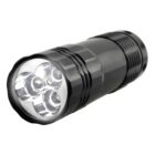 A black handheld flashlight with three visible LED bulbs at the front, shown at an angle. The flashlight has a textured grip on one end for easy handling.