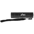 A black flashlight labeled with the Asics logo, featuring a textured grip and a wrist strap attached to the end. The flashlight has a compact design suitable for easy carrying.