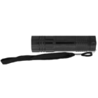 A black flashlight with a textured grip and cylindrical shape. It has a black wrist strap attached to one end.