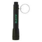 A black Leitz slim flashlight with a silver keyring attached at the top end. The flashlight has the brand name Leitz in green on its side.