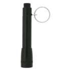 A small black flashlight with a cylindrical body and a silver keyring attached near the top. The flashlight has a textured grip at the bottom and a smooth surface.