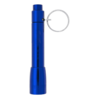 A small blue flashlight with a metallic finish and a key ring attached at the top. The flashlight is standing upright against a white background.
