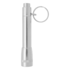 Sleek silver flashlight with a cylindrical body and a ridged grip at the bottom, attached to a metal keyring.