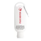 White Fuji Xerox sunscreen tube with carabiner, SPF50+ label, and red logo.