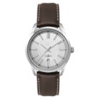 A classic wristwatch with a silver round face, minimalist hour markers, and a date window at 6 oclock. It features a brown leather strap with white stitching.