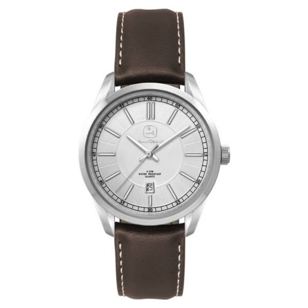 A silver wristwatch with a brown leather strap. The watch face has a silver dial with black hour markers, a date display at the 6 oclock position, and a small logo at the 12 oclock position. The watch hands are thin and silver.