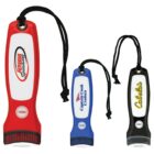 Three LED flashlights with wrist straps; one red with Iowa Speedway, one blue with Captain Cook Cruises, and one black with Cabelas. Each has a press button near the base.