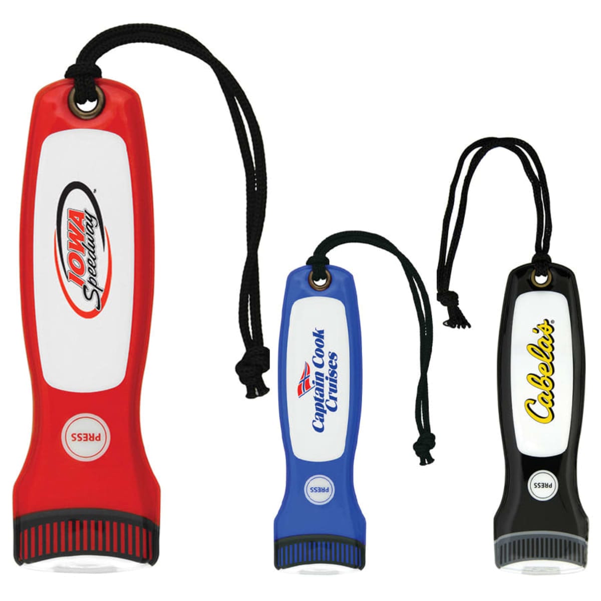 Three LED flashlights with wrist straps; one red with Iowa Speedway, one blue with Captain Cook Cruises, and one black with Cabelas. Each has a press button near the base.