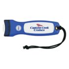 Blue flashlight with a black strap, featuring the Captain Cook Cruises logo on the side. The handle has a black button labeled PRESS near the head.