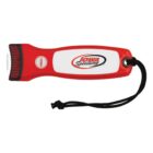 A red and white flashlight with Iowa Speedway printed on the side. It has a black wrist strap attached.