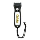 Black and white flashlight with a grip handle, featuring a Press button. The word Cabelas is printed on the side in yellow script. A black wrist strap is attached at the bottom.