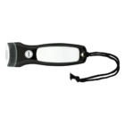 A black flashlight with a white reflector section, featuring a gray lens cover. It has a black wrist strap attached to the handle end for easy carrying. The flashlight is positioned horizontally against a white background.