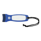 A blue and white handheld flashlight with a black strap attached to the end. The flashlight has a round light source, and PRESS is printed near the top.