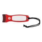 A red and white flashlight with a black lanyard attached to the end. The flashlight has a circular button labeled Press and a textured grip near the lens. The lanyard is looped for easy carrying.