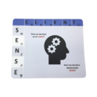 Board with CLIENT & SENSE columns; head silhouette on Large Deluxe Printed Mouse Pads, gears visible.