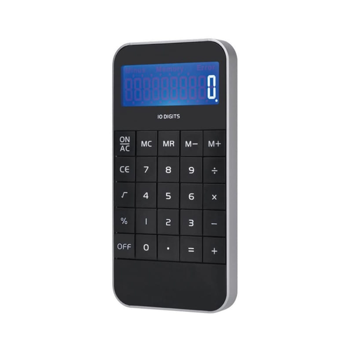 A black calculator with a blue-lit display showing 0. It has a keypad with standard functions, including numbers, addition, subtraction, multiplication, division, and memory functions. The calculator is angled slightly to the right.