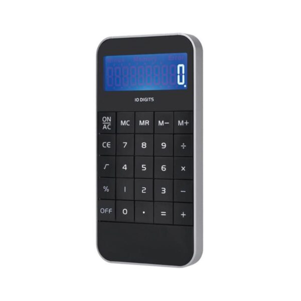 A black and silver electronic calculator displaying the number zero on its blue screen. The calculator features standard buttons, including numbers and arithmetic operations, with a sleek, modern design.