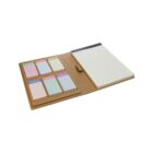 A stationery set with colorful sticky notes labeled by the day of the week on the left, and a lined notepad on the right, all encased in a brown folder.