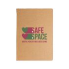 A brown notebook with the text Safe Space Mental Health & Wellness Clinic in red and green, accompanied by heart graphics.