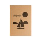 Brown notebook cover with a black sailboat illustration. The text reads Odyssea Marine Theme Park, accompanied by a sun and clouds.