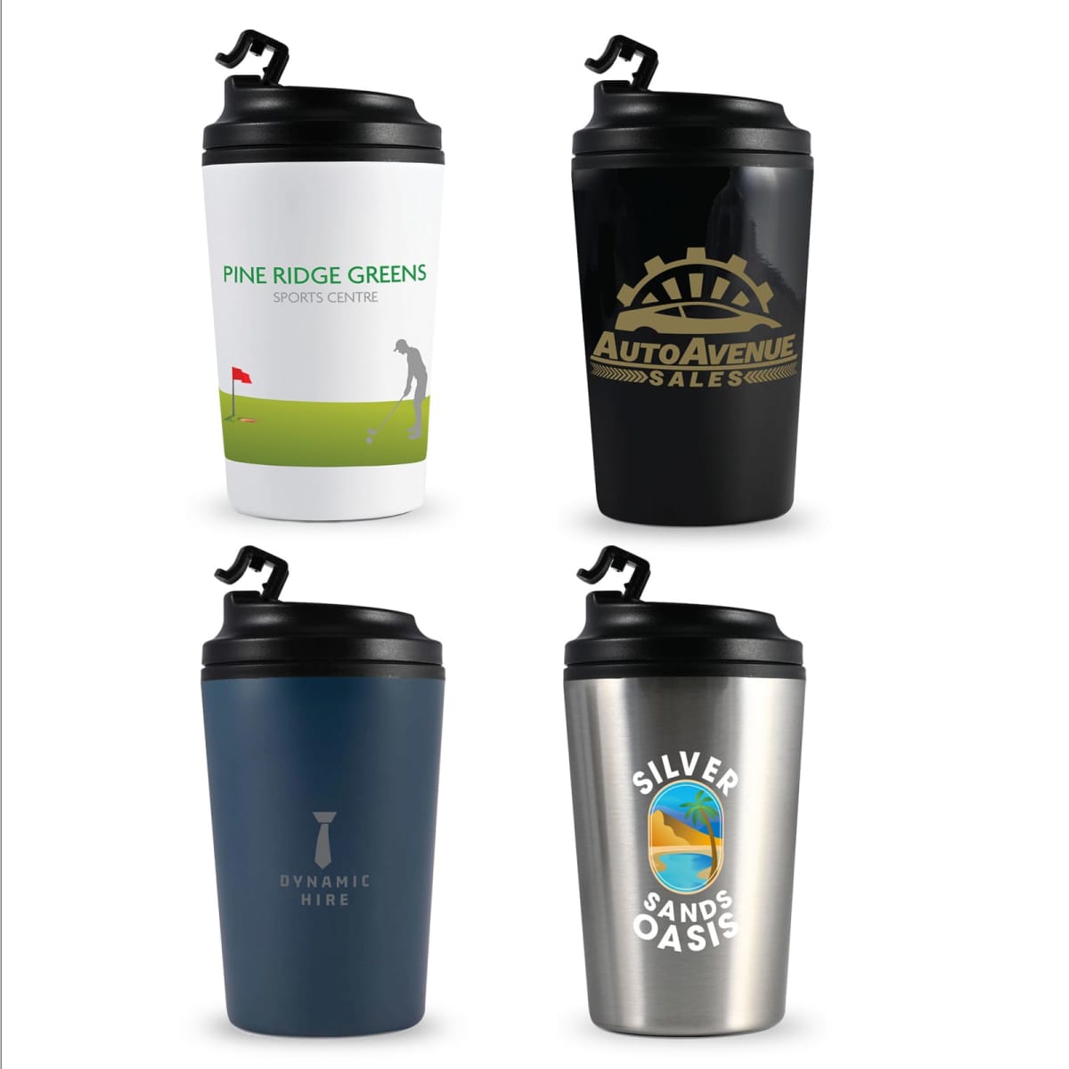 Four travel mugs displayed in a grid: a white mug with golf graphics, a black mug with a gold auto symbol, a matte blue mug with a tie design, and a stainless steel mug with a beach sunset scene.