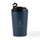 A dark blue travel mug with a black lid and a flip-top spout. The mug has a logo featuring a necktie and the words Dynamic Hire printed in gray on its side, set against a plain white background.