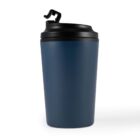 A blue travel mug with a black lid and flip-top spout is shown against a white background. The mug has a sleek, modern design.