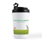 White travel mug with a black lid, featuring a design of a golfer putting on grass, with a red flag nearby. Text reads Pine Ridge Greens Sports Centre.