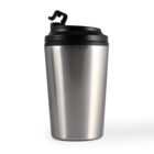 A stainless steel travel mug with a black plastic lid and a flip-top opening, isolated on a white background.