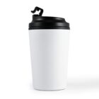 A plain white travel mug with a black lid and a flip-top spout is centered on a white background. The mug is sleek and minimalist in design, suitable for carrying hot or cold beverages.