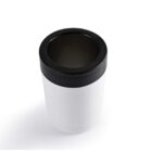 A white cylindrical insulated cup holder with a black rubber ring at the top against a plain white background.