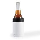 A glass bottle filled with a brown liquid is placed in a white and black insulated holder, designed to keep beverages cold. The bottle has a silver cap and appears to be for a beverage, likely a beer or soda.