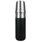 A sleek, insulated stainless steel and black thermos flask with a silver cap. The design is modern and minimalist, suitable for keeping beverages hot or cold.