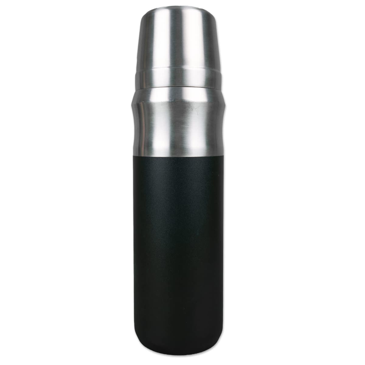 A sleek, insulated stainless steel and black thermos flask with a silver cap. The design is modern and minimalist, suitable for keeping beverages hot or cold.