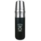 A stainless steel and black insulated thermos with a logo reading Trailblazer Outfitters and Gear Up for the Adventure. The design features an adventure theme with crossed axes and a mountain.