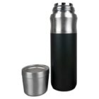Stainless steel thermos with black body next to a detached silver lid, standing upright on a white background.