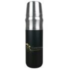 A stainless steel thermos with a black matte finish and gold palm tree design. The words Crystal Cove and Your Island Sanctuary Awaits are printed in gold on the side.