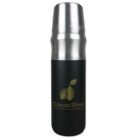 Silver and black insulated bottle with the logo Cocoa Bliss featuring a stylized cocoa bean and leaves. The tagline reads, Indulge in Pure Chocolate Happiness.